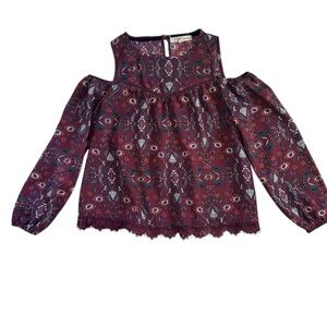 Rewind Maroon Patterned Cold Shoulder Blouse
